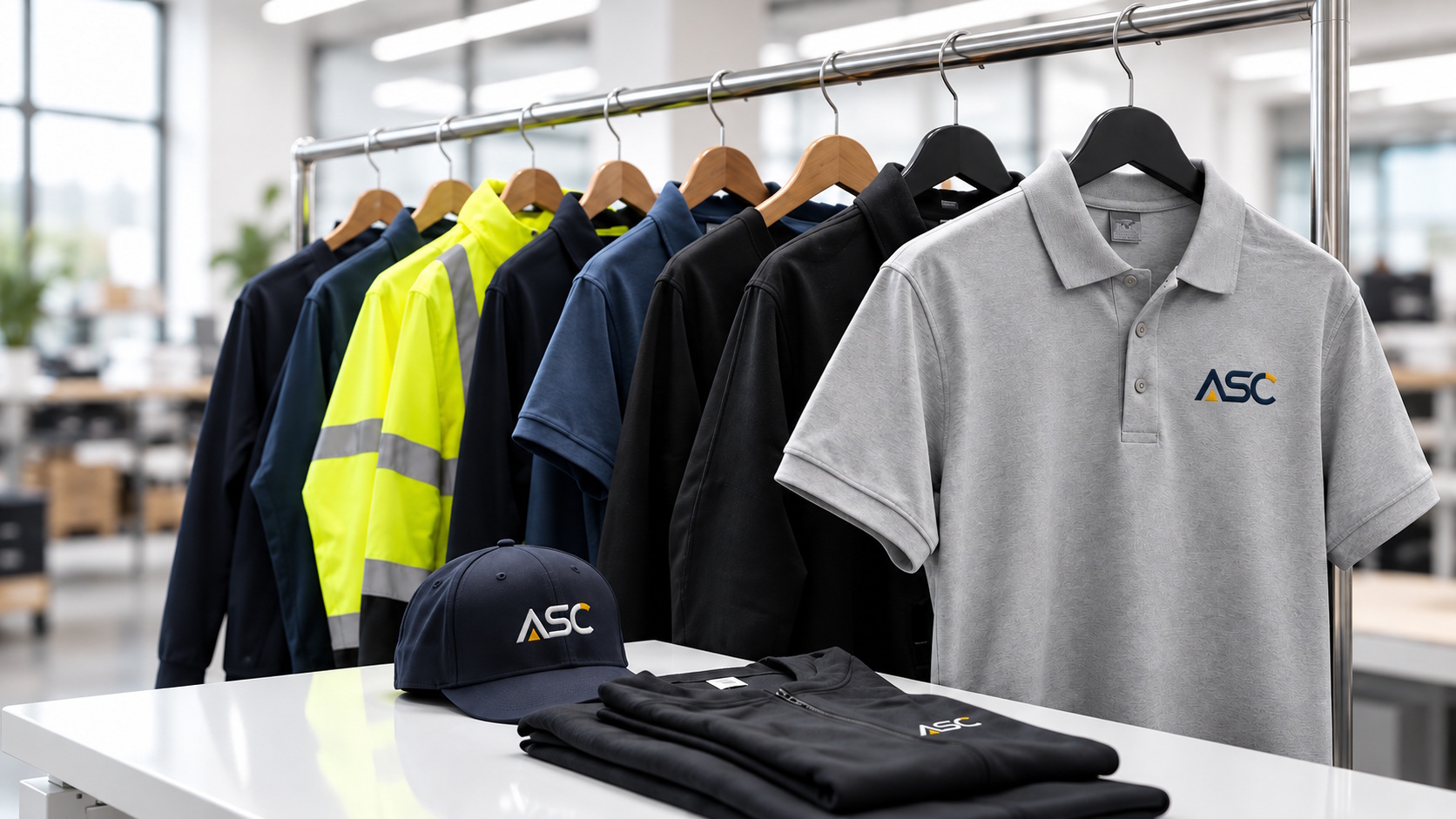 ASC branded garments displayed on a clothing rail